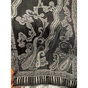 Ahujason Merino Wool Scarf Gray Paisley Sequin Beaded Embellished Wrap